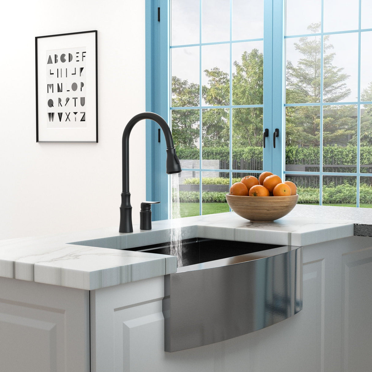 16.9" Kitchen Sink Faucet With Separate Handle And Pull Down Sprayer, Lead Free Brass - Matte Black