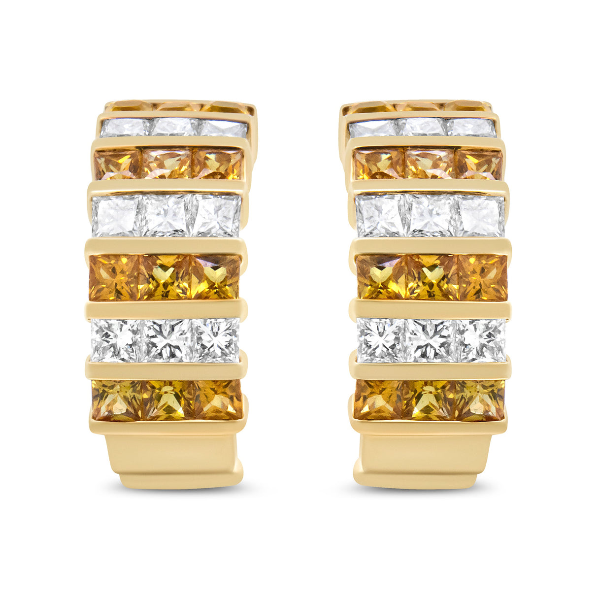 18K Yellow Gold 1 3/4 Cttw Invisible Set Princess Cut Diamond and 2.5mm Yellow Sapphire Huggie Hoop Earrings (F-G Color, VS1-VS2 Clarity)