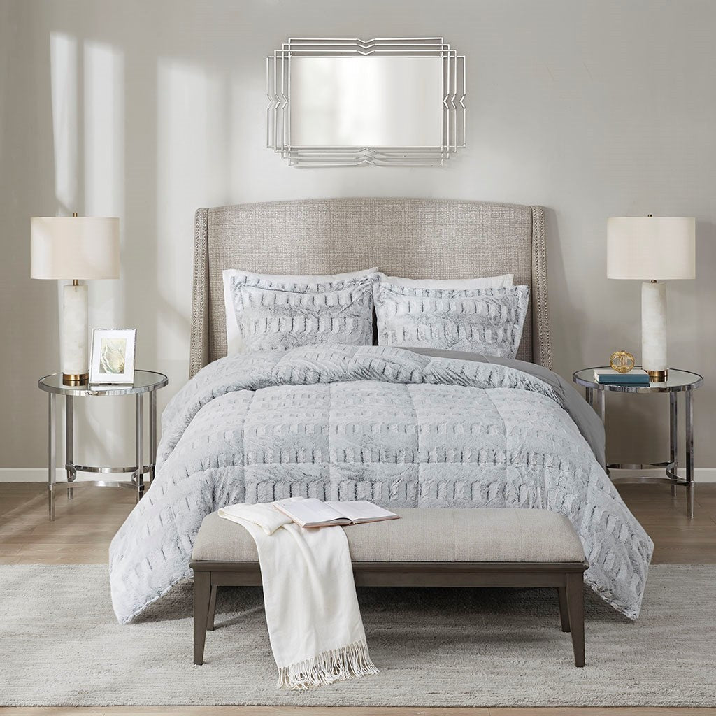 Twin/Twin XL Faux Fur Comforter Mini Set with Hypoallergenic Fill - Grey