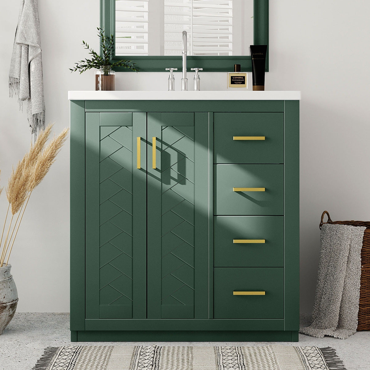 Bathroom Vanity with Ceramic Sink and Storage Cabinet - Dark Green, White, Black, or Blue