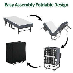 Twin Folding Bed With Memory Foam Mattress, On Wheels, Portable Bed For Adults & Guests - Black