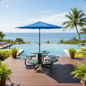 Solar LED Patio Umbrella With Crank Lift And Tilt, 8 Ribs, UV Resistant Canopy For Pool, Backyard & Patio (Without Base) - Blue