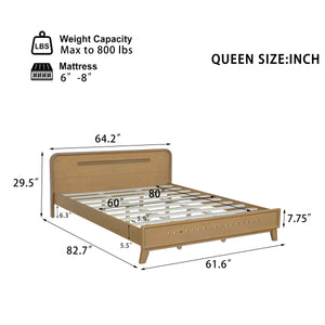 Pine Solid Wood Queen Size Bed, Rustic Yellow