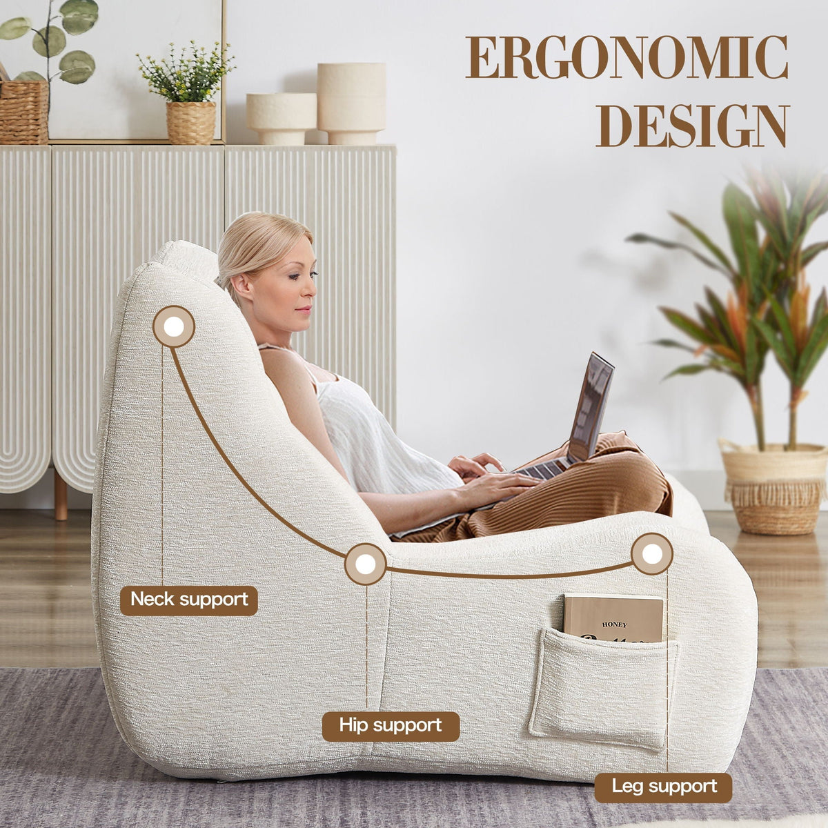 Bean Bag Chair For Adults, Lazy Floor Sofa Couch Memory Foam Bean Bag Sofas Chenille Fabric Reading Chair Comfortable Corner Lounge Sofa For Living Room - White