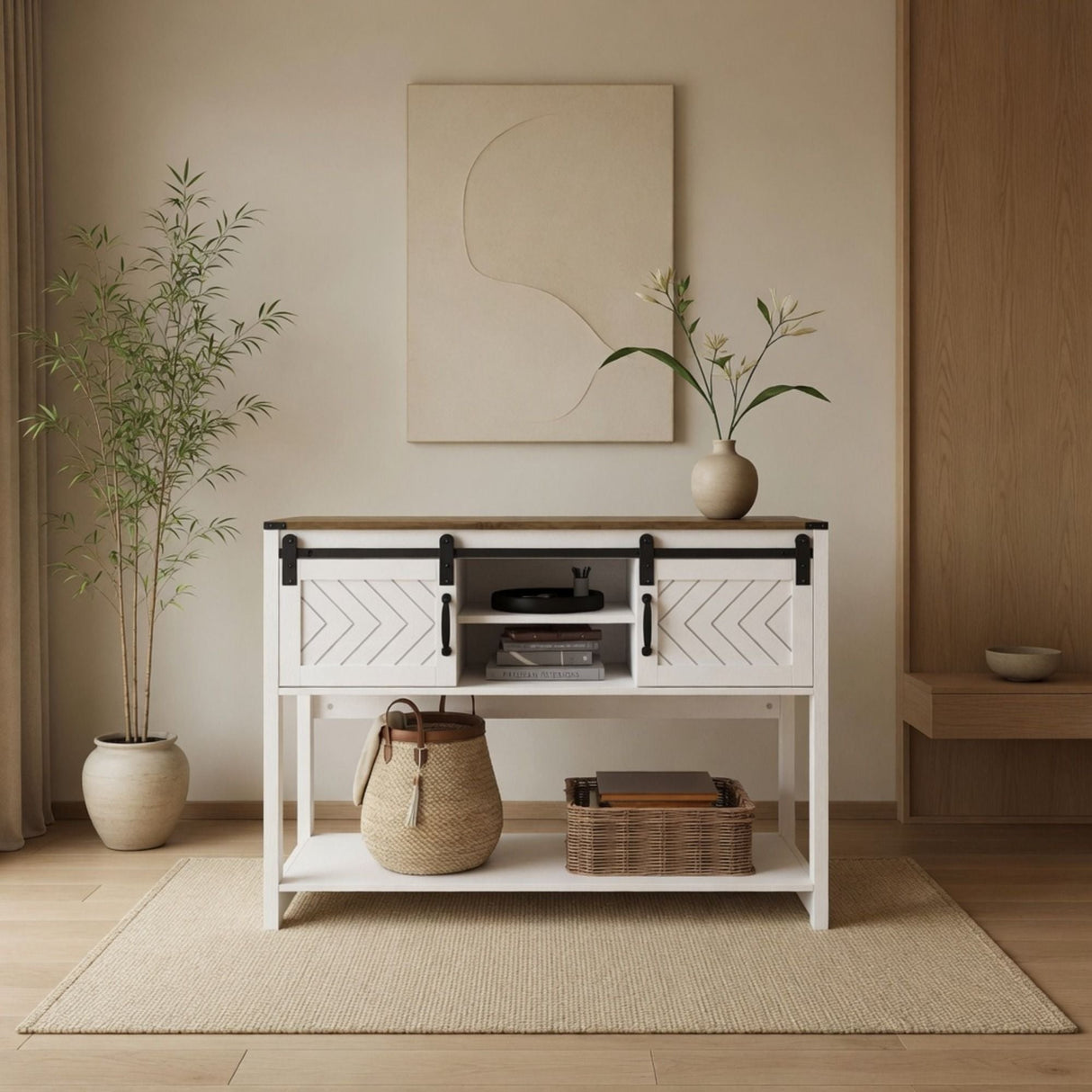 Entryway Table With Sliding Barn Door Storage - White / Oak
