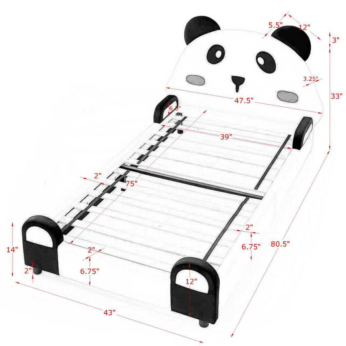 Twin Size Cute Panda-Shaped Kids Bed with Velvet Fabric