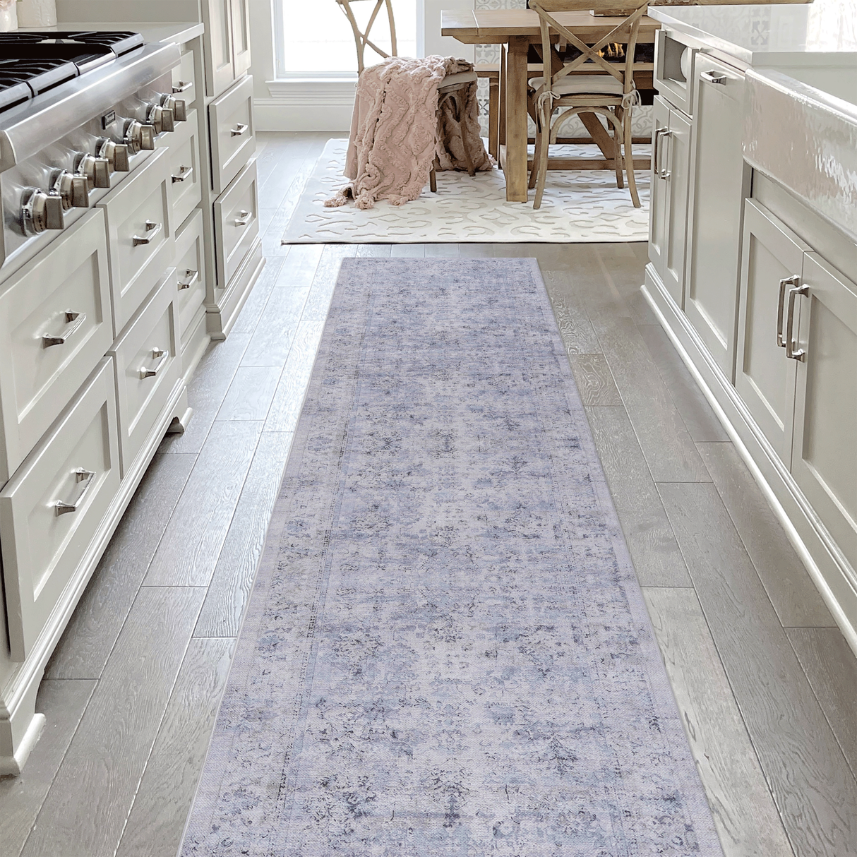 Area rug, washable rug, low-pile, non-slip, non-shedding, foldable, kid & pet friendly - area rugs for living room, bedroom, kitchen, dining room rug - perfect gifts, (blue+cream, 2'6'' x 10')