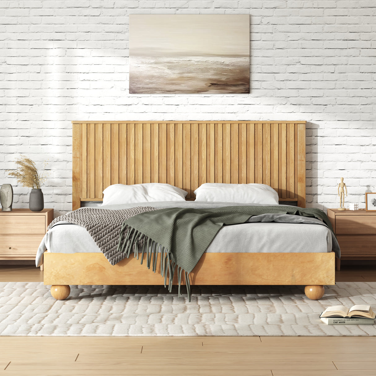 Natural Queen Size Wood Bed Frame With Reeded Headboard