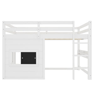 Full Size Loft Bed With Sliding Chalkboard & Bookshelf