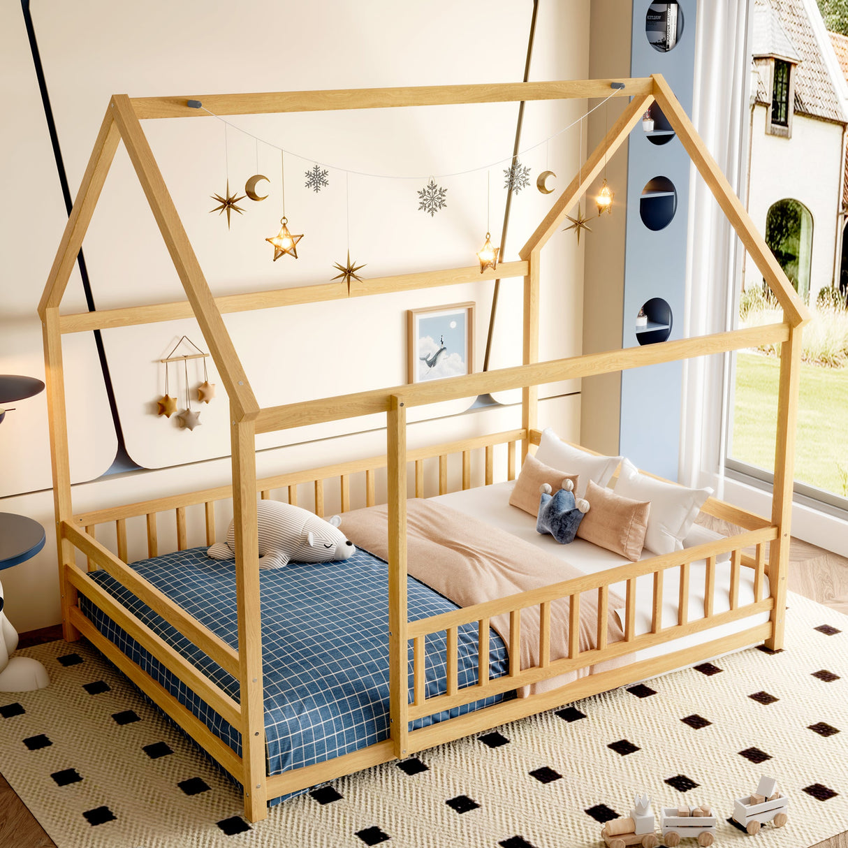Full Size Floor Wooden Bed with House Roof Frame