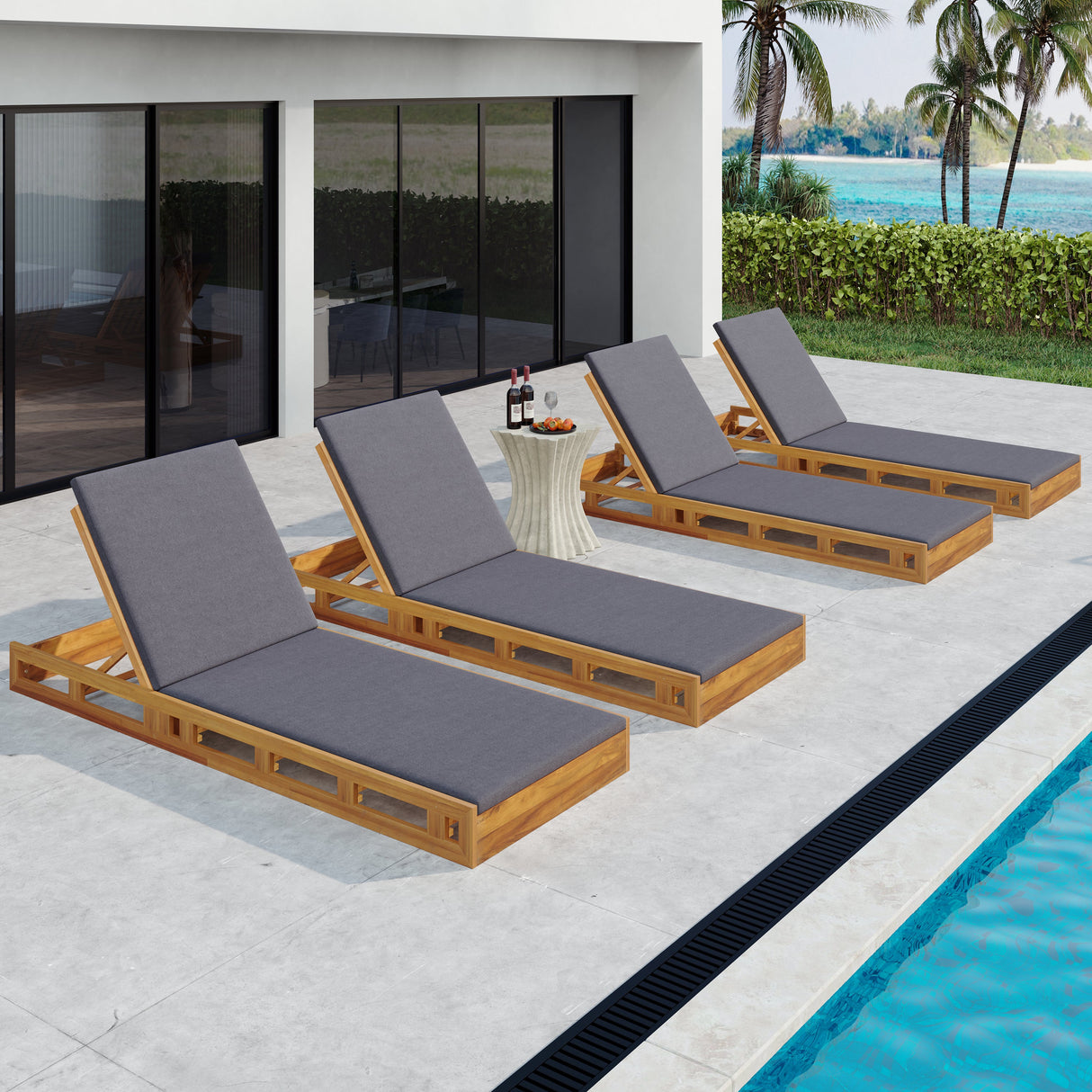 Acacia Wood Lounge Chaise Set with Water-Resistant Cushions