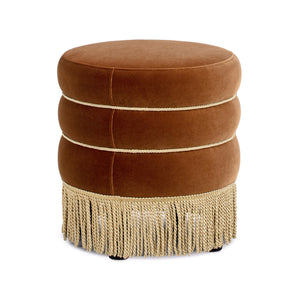 Edward 17.5" Round Upholstered Ottoman with Bullion Fringe Burnt
