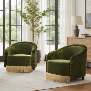 Serena 31.5" Ruched Barrel Back Accent Arm Chair with Bullion Fringe, Olive