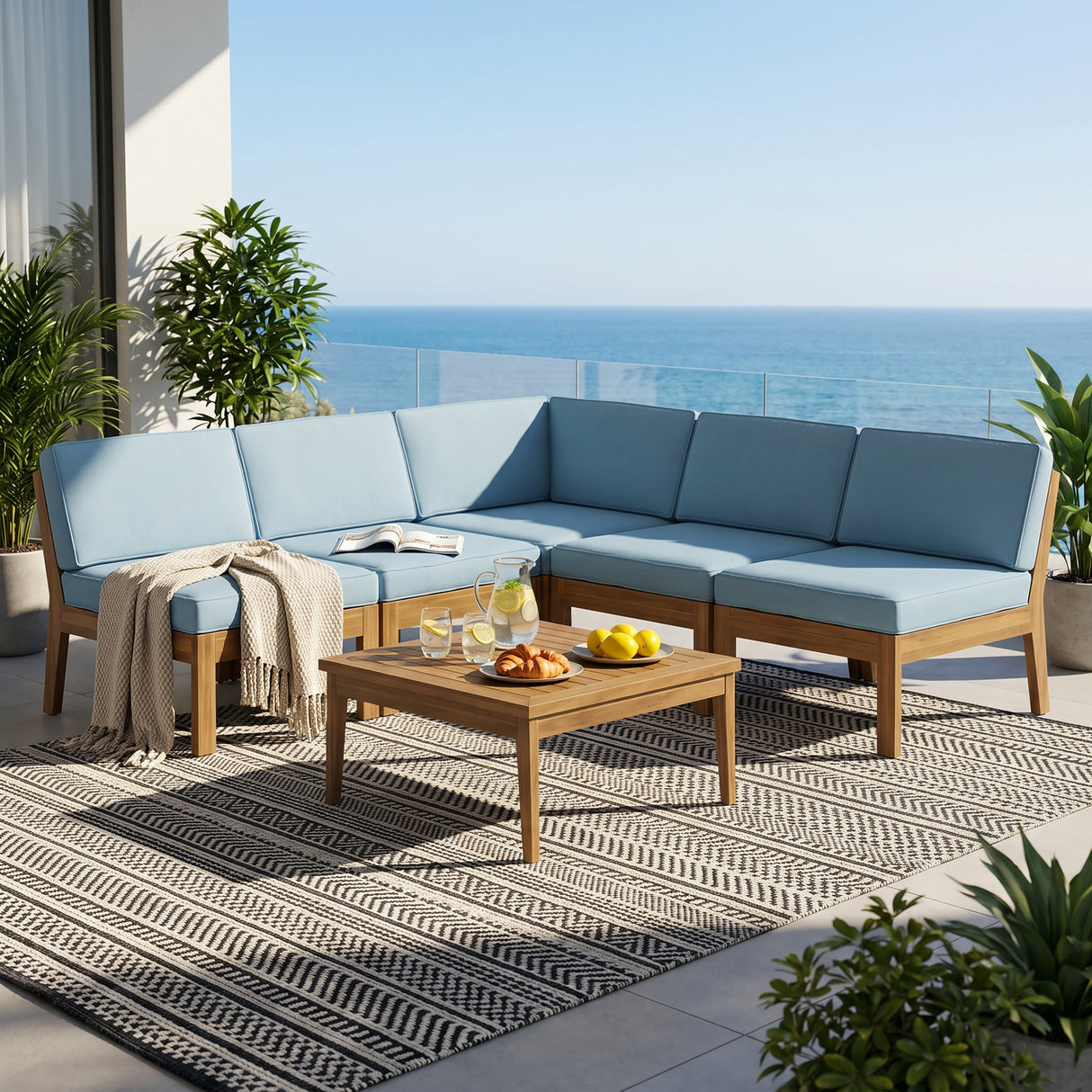 Grenada 5 Seater Acacia Wood Sectional Armless Sofa Set