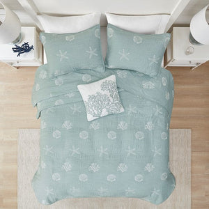 4 Piece Cotton Reversible Embroidered Quilt Set with Throw Pillow Aqua King/Cal King