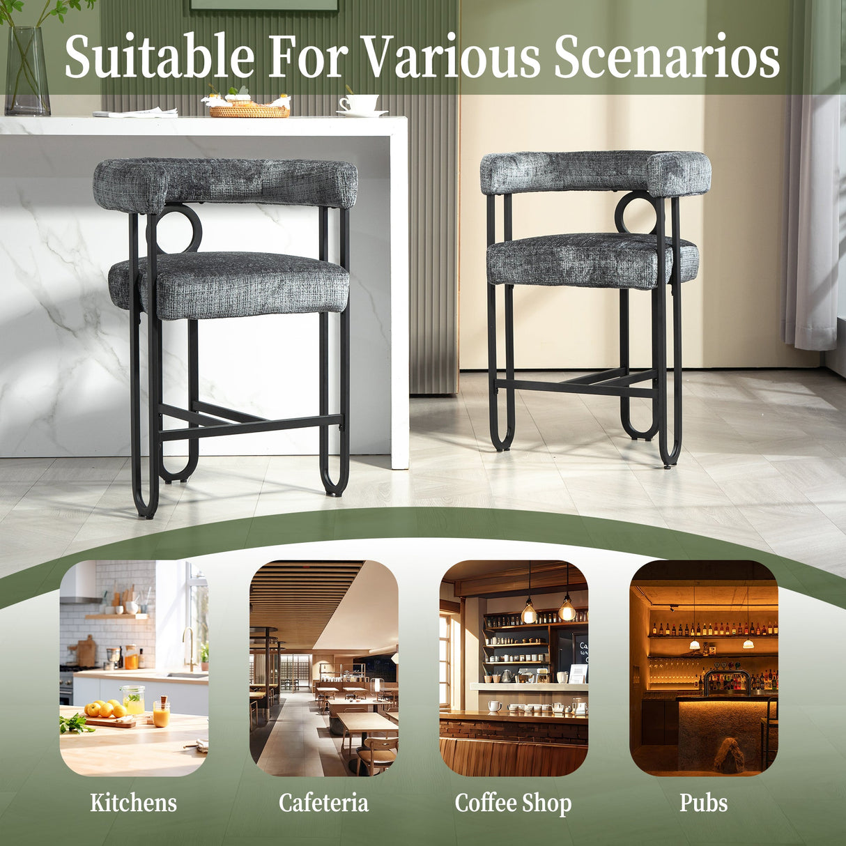 Household bar stools set of 2, modern upholstered with back