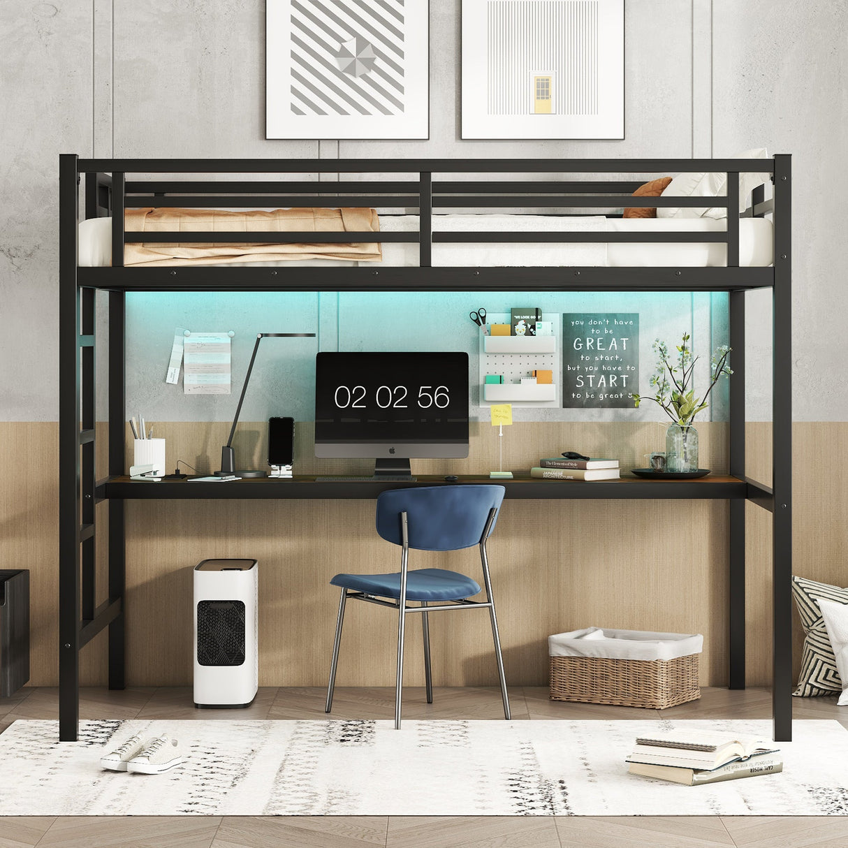 Metal Twin XL Size Loft Bed with Power Outlet and LED Light