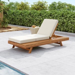 Lounge Chaise Set with Acacia Solid Wood and Cream Cushion