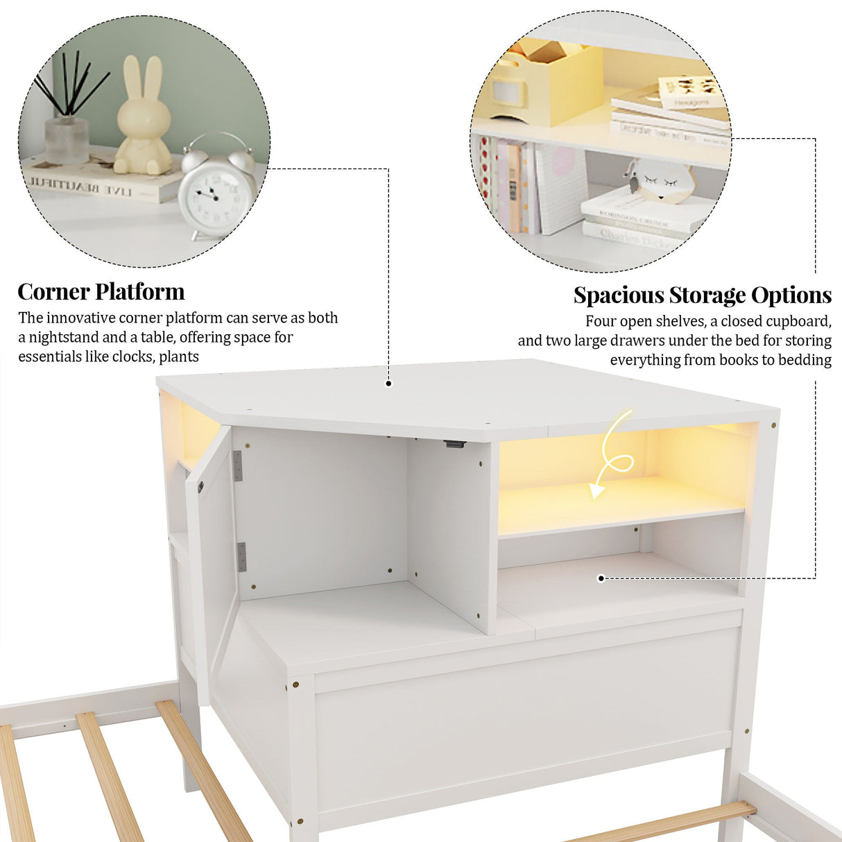 L-Shaped Bed Frame With Trundle, Built In Desk & LED Lighting