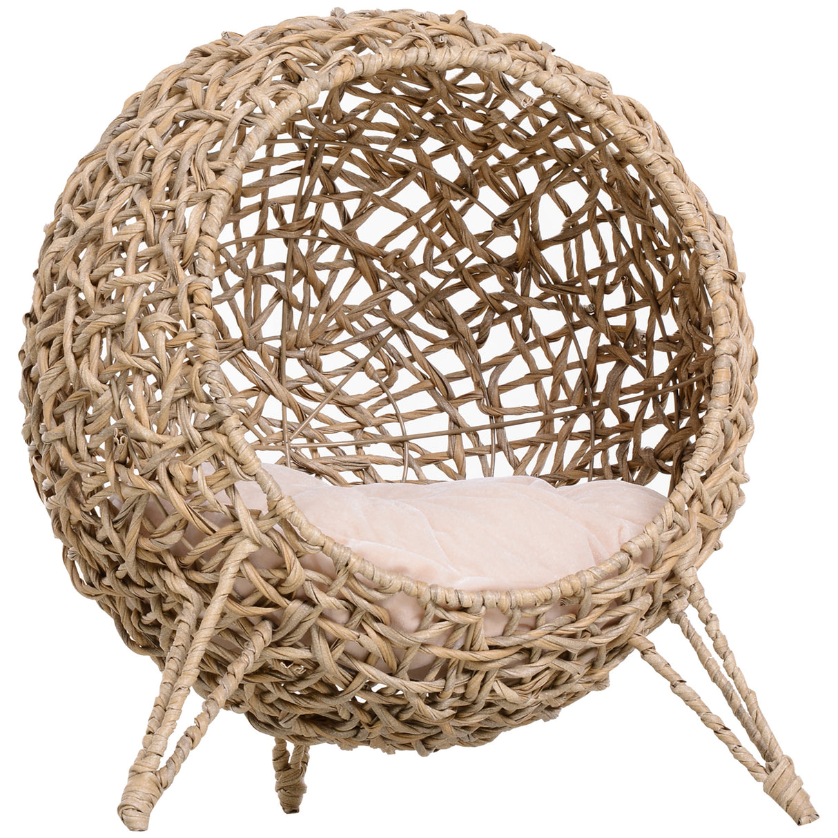 20.5' Weaved Cat Bed, Hand-woven Braided Banana Leaf Kitten House Condo with Cushion, Beige