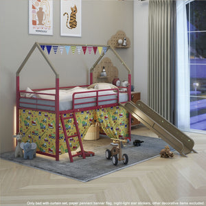 Jack - House Loft Bed With Slide And Curtain Set