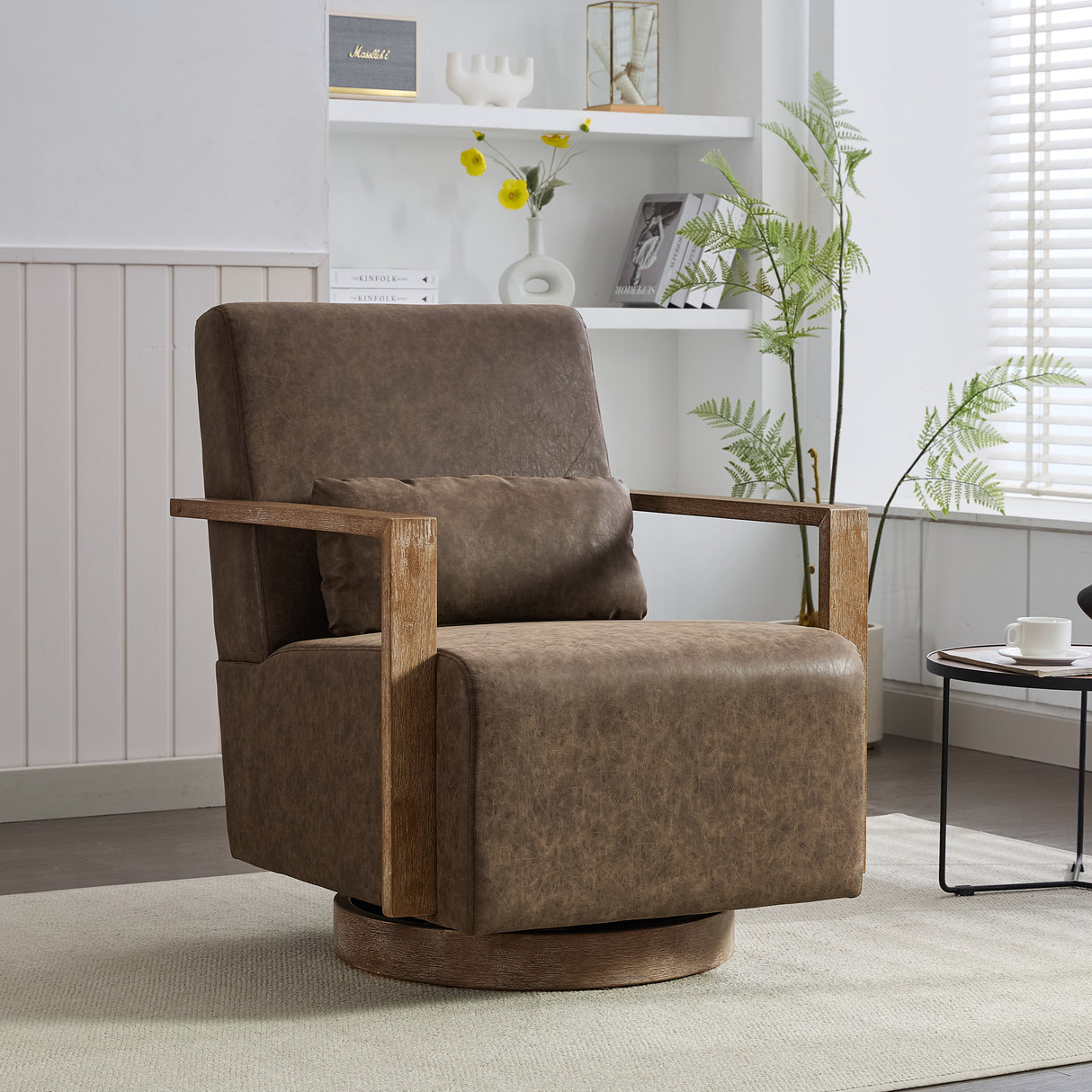 30.3'W Swivel Modern Upholstered Accent Chair with Solid Wood Armrests and 360 Degree Comfy Lounge Reading Chair, Side Armchair for Hotel, Bedroom, Living Room, Office, and Nursery Room.(Coffee,PU)