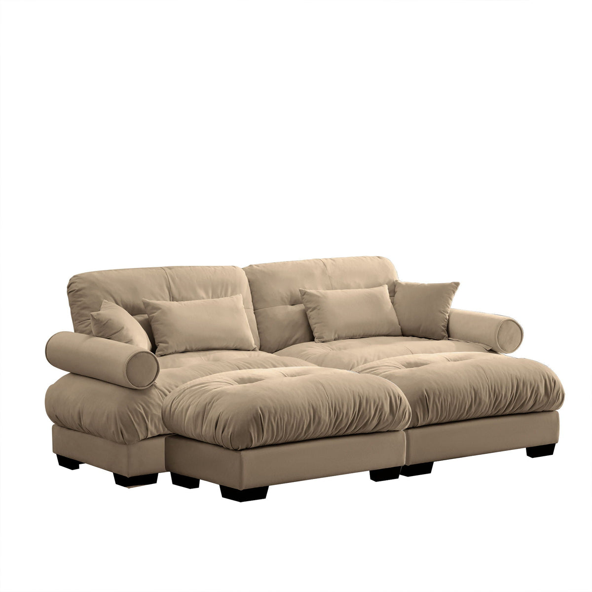 Modern Sectional Sofa With Ottoman, Round Bolster Armrests, Waist And Throw Pillows