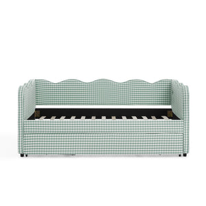Cozy Gingham Daybed with Trundle Twin Size Sofa Bed No Box Spring Needed, with USB Port and Adorable Wave Shaped, Linen Fabric