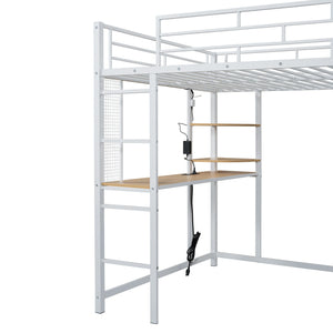 Loft Bed With Desk, Shelves, Power Outlet, LED Light And Wardrobe