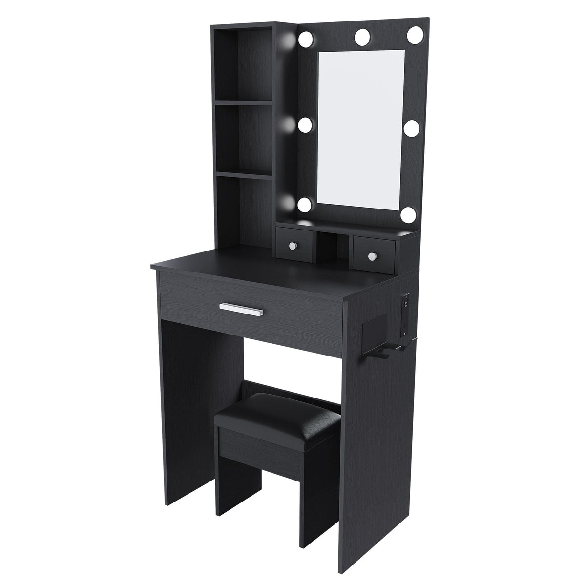 Vanity Set with Mirror, Adjustable LED Lights & Power Outlet - Wood & Mirror