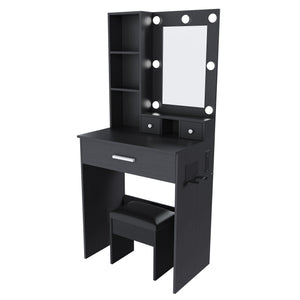Vanity Set with Mirror, Adjustable LED Lights & Power Outlet - Wood & Mirror