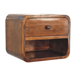 Solid Wood Mini Curve Floating Nightstand, 1-Drawer, 1 Open Slot, Chestnut