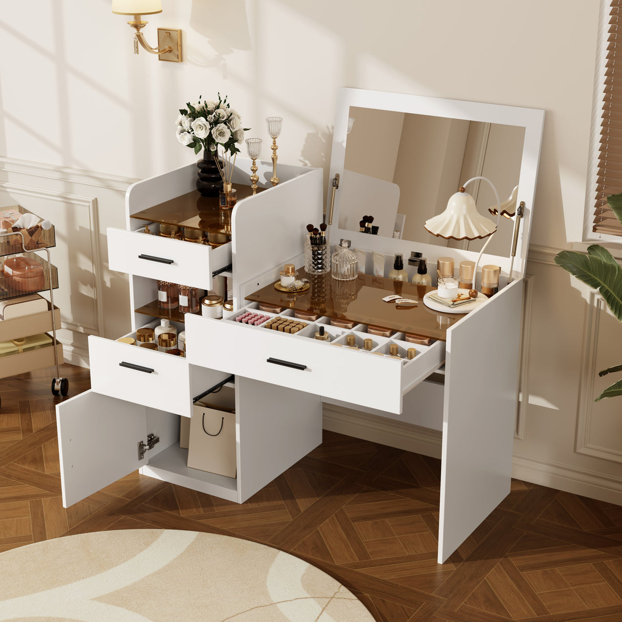 3-in-1 Vanity Desk with Flip Top Mirror, Glass Top Compact Makeup Vanity & Hidden Storage
