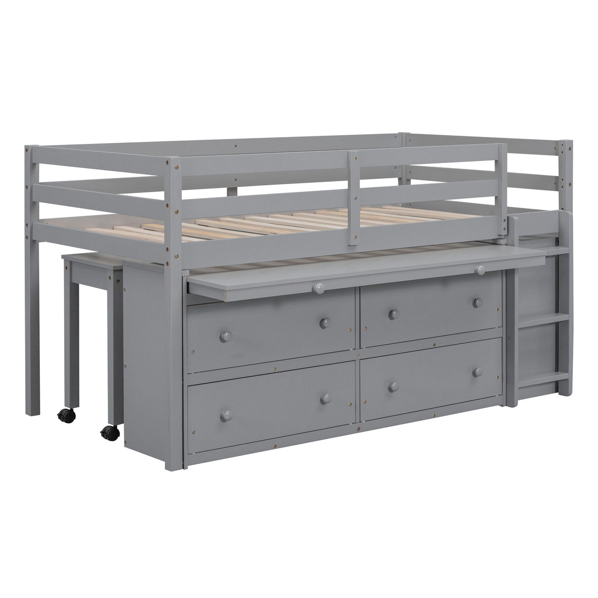 Loft Bed With Retractable Writing Desk And 4 Drawers, With Lateral Portable Desk And Shelves