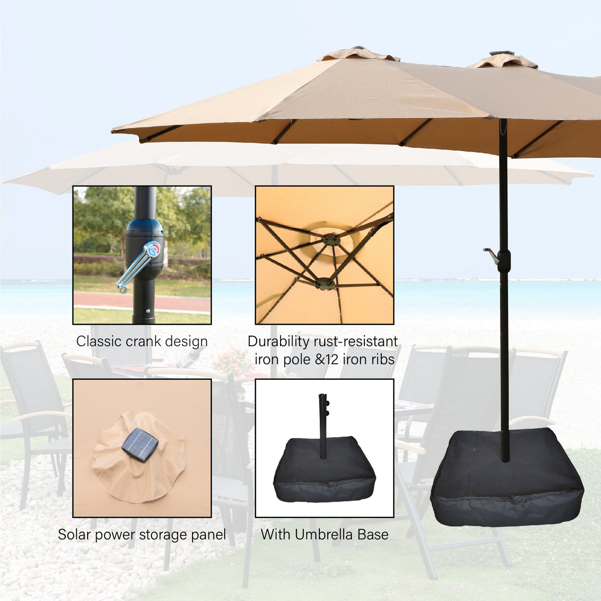 15x9ft Large Double-Sided Rectangular Outdoor Patio Market Umbrella - Taupe