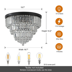 20' Luxury Crystal Flush Mount Ceiling Light with Black Finish – Elegant 6-Light Chandelier for Living Room, Dining Room, or Bedroom (Bulb Not Included)