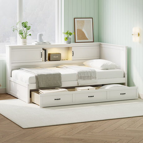 L-Shaped-Bed-Frame-with-Drawer-and-and-Bookcase,Corner-Bed-Wooden-Captain-Bed-with-Led-Downlight-and-USB-Port-for-Small-Room,Bedroom,-Guest-Room,-Twin-Size,-White-Beds-&-Bed-Frames