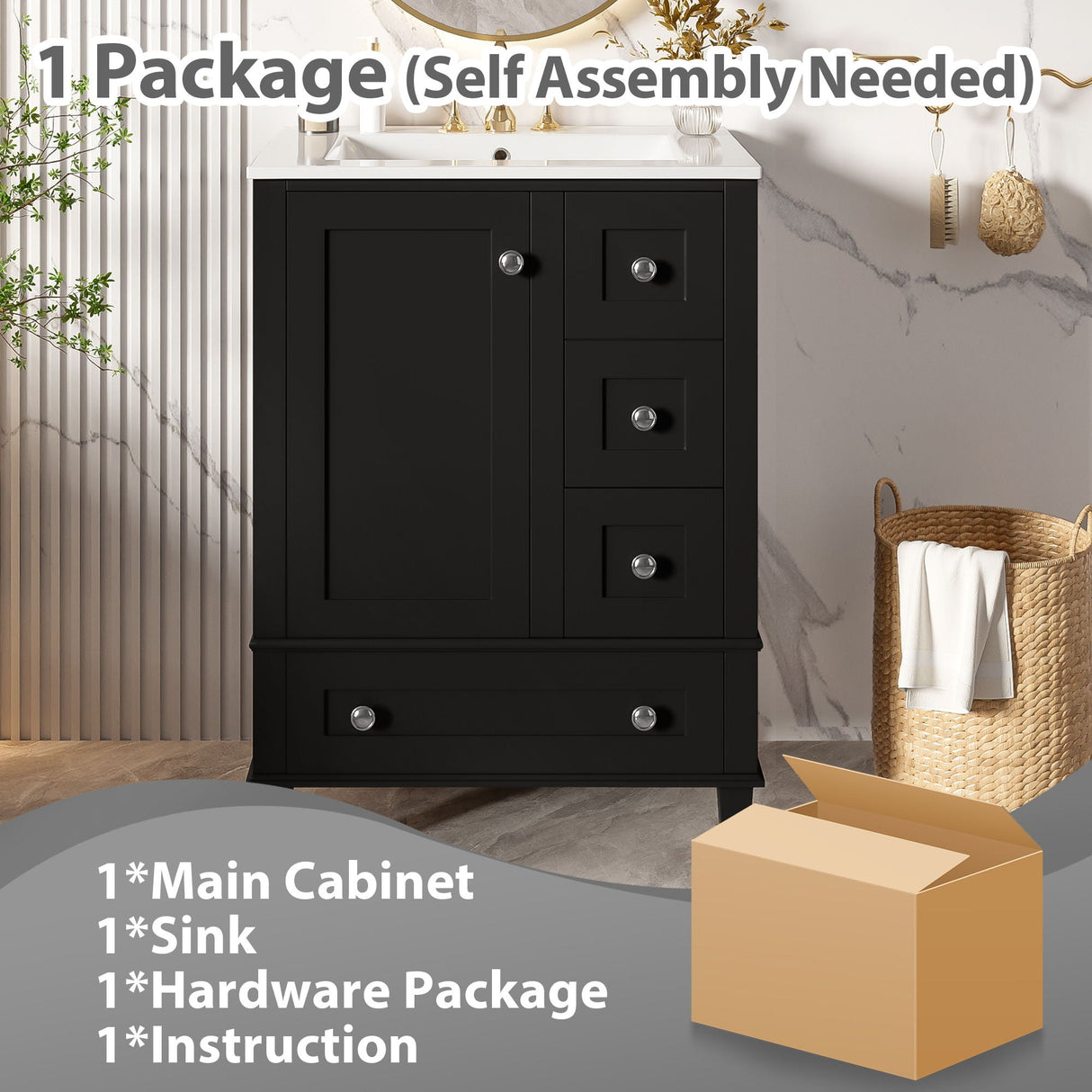 Bathroom Vanity With Integrated Basin, Soft Close Drawers, Door Mounted Double Layer Shelf