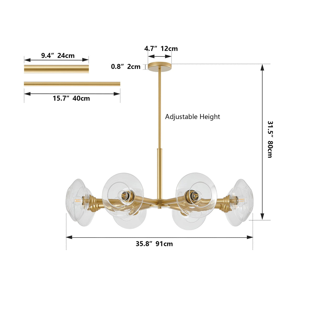 36' Modern Gold 8-Light Sputnik Chandelier with Clear Glass Shades, Mid-Century Hanging Pendant Light Fixture for Dining Room, Living Room, or Kitchen (Bulb Not Included)