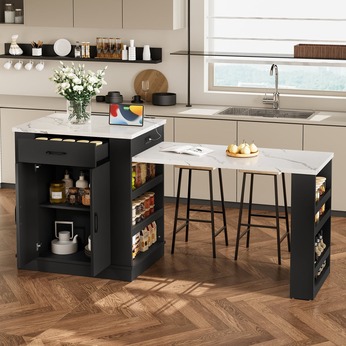 Extendable Island Console with Drawers, Double-Door Cabinet, and Open Shelving