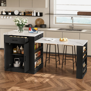 Extendable Island Console with Drawers, Double-Door Cabinet, and Open Shelving