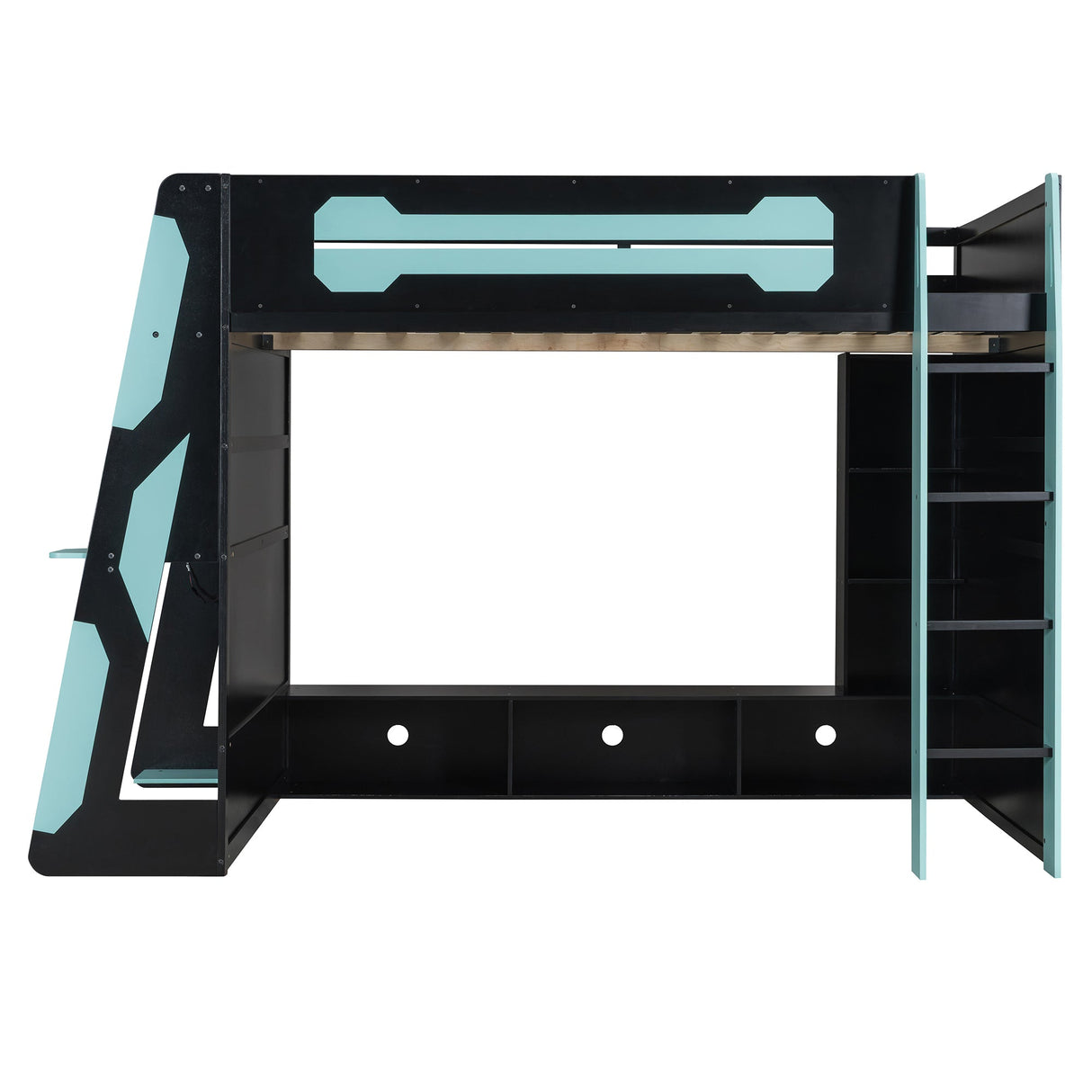 Full Size Wood Loft Bed with Desk, Multi-storage Shelves and RGB Light