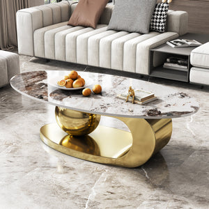 49.2 Inches Oval Faux Marble Coffee Table for Living Room with Stainless Steel Base