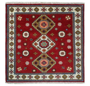 6x6 Square Hand Knotted Antique Kazak Red and Ivory Wool Area Rug