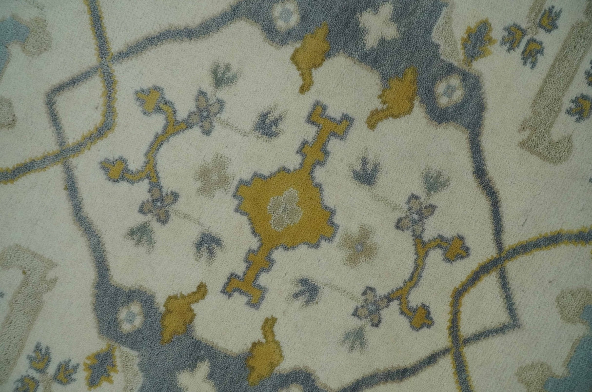 6x6 Square Hand Knotted Oriental Oushak Ivory, Charcoal and Beige Wool Area Rug
