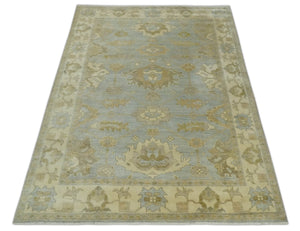 6x8 Hand Knotted Silver and Beige Antique Style Traditional Oushak Wool Rug