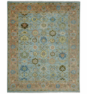 Hand Knotted Blue and Rust Traditional Oushak Area Rug