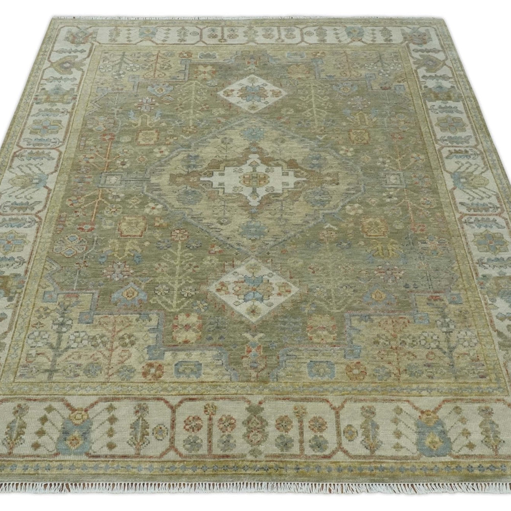 Antique Look Hand Knotted Medallion Olive and Ivory Vintage Style Wool Rug