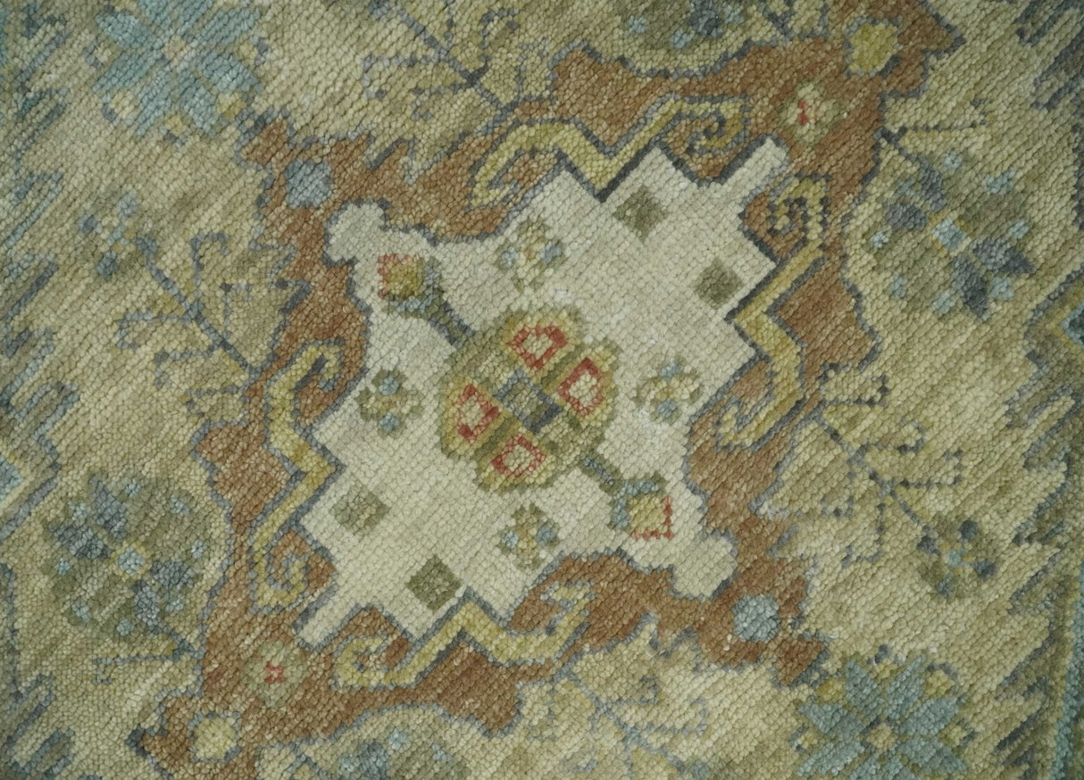 Antique Look Hand Knotted Medallion Olive and Ivory Vintage Style Wool Rug