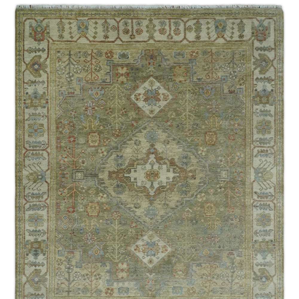 Antique Look Hand Knotted Medallion Olive and Ivory Vintage Style Wool Rug